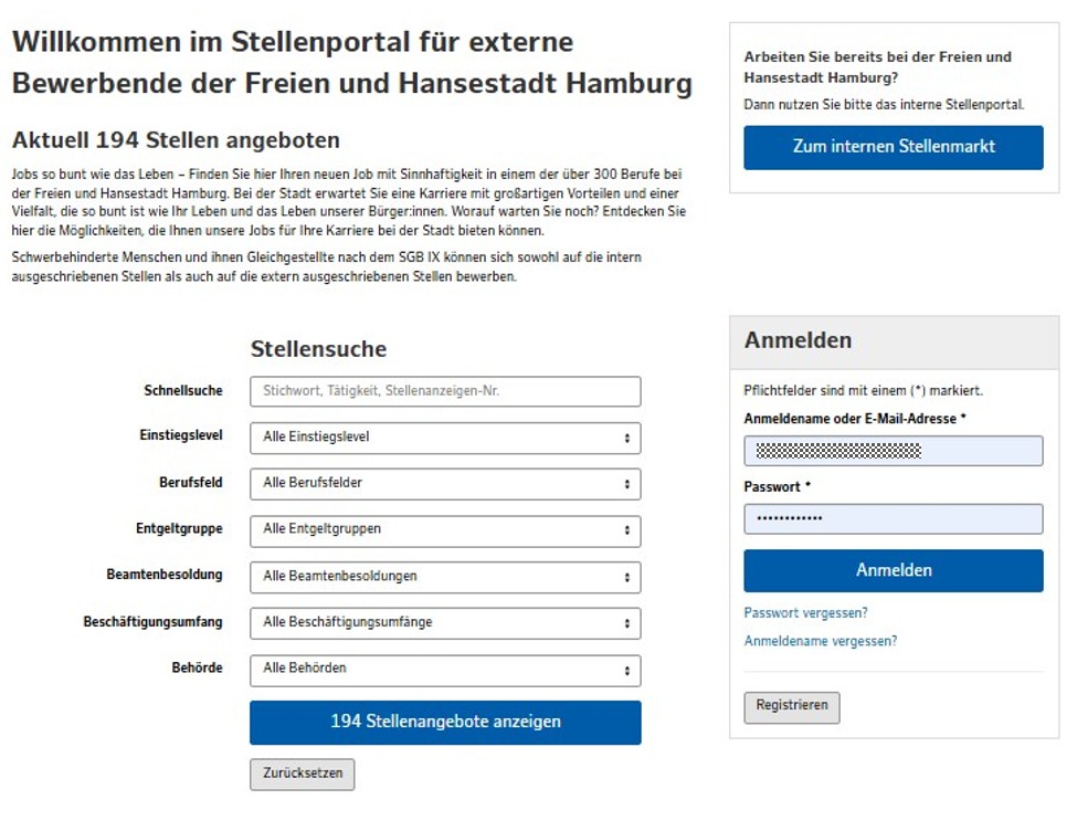 Bild zeigt die Startseite des Stellenportals