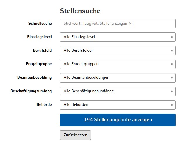 Bild zeigt die Suchfilter der Stellensuche