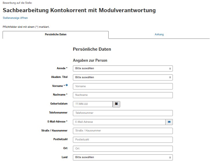 Das Bild zeigt das Bewerbungsformular